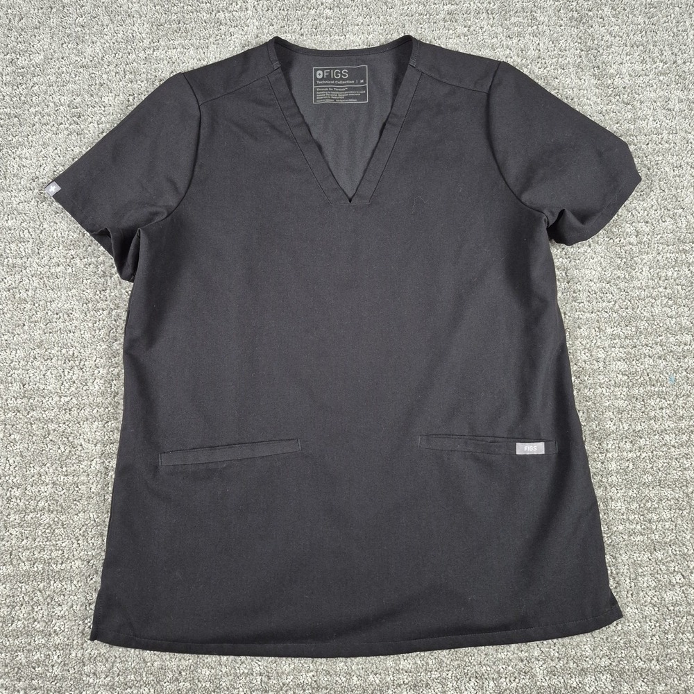 FIGS Casma Scrub Top Womens M Black FW1100 V-Neck 3-Pocket Medical Uniform